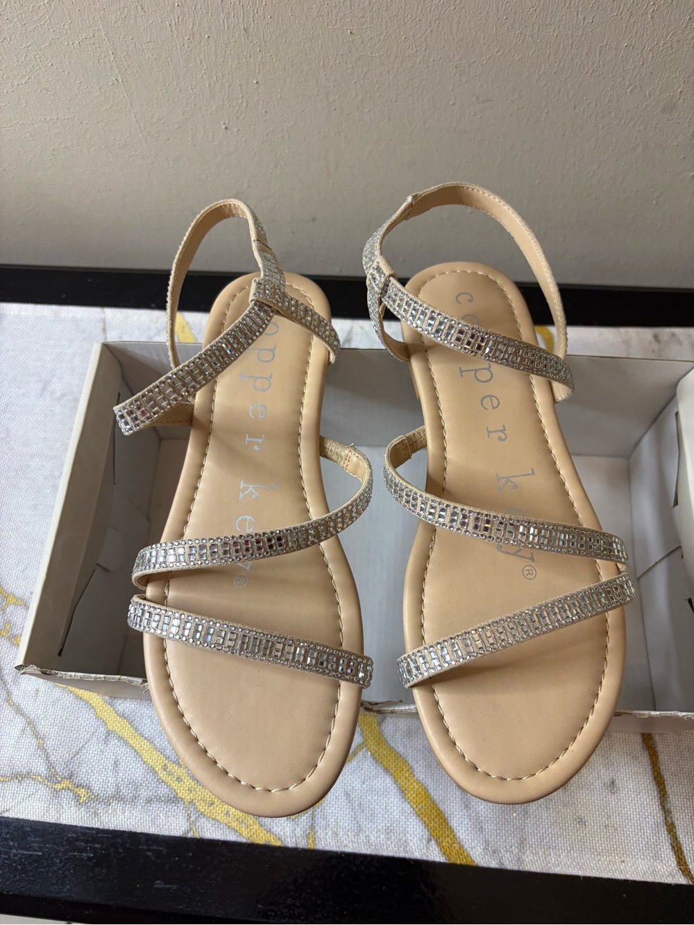 Copper Key Nude Rhinestone Strappy Sandals
